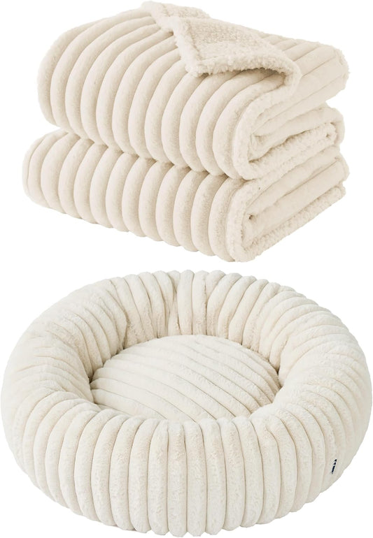 Bedsure Donut Medium Dog Bed 30X30X8 Inches with Waterproof Dog Blankets for Medium Dogs 30"X40", Cream