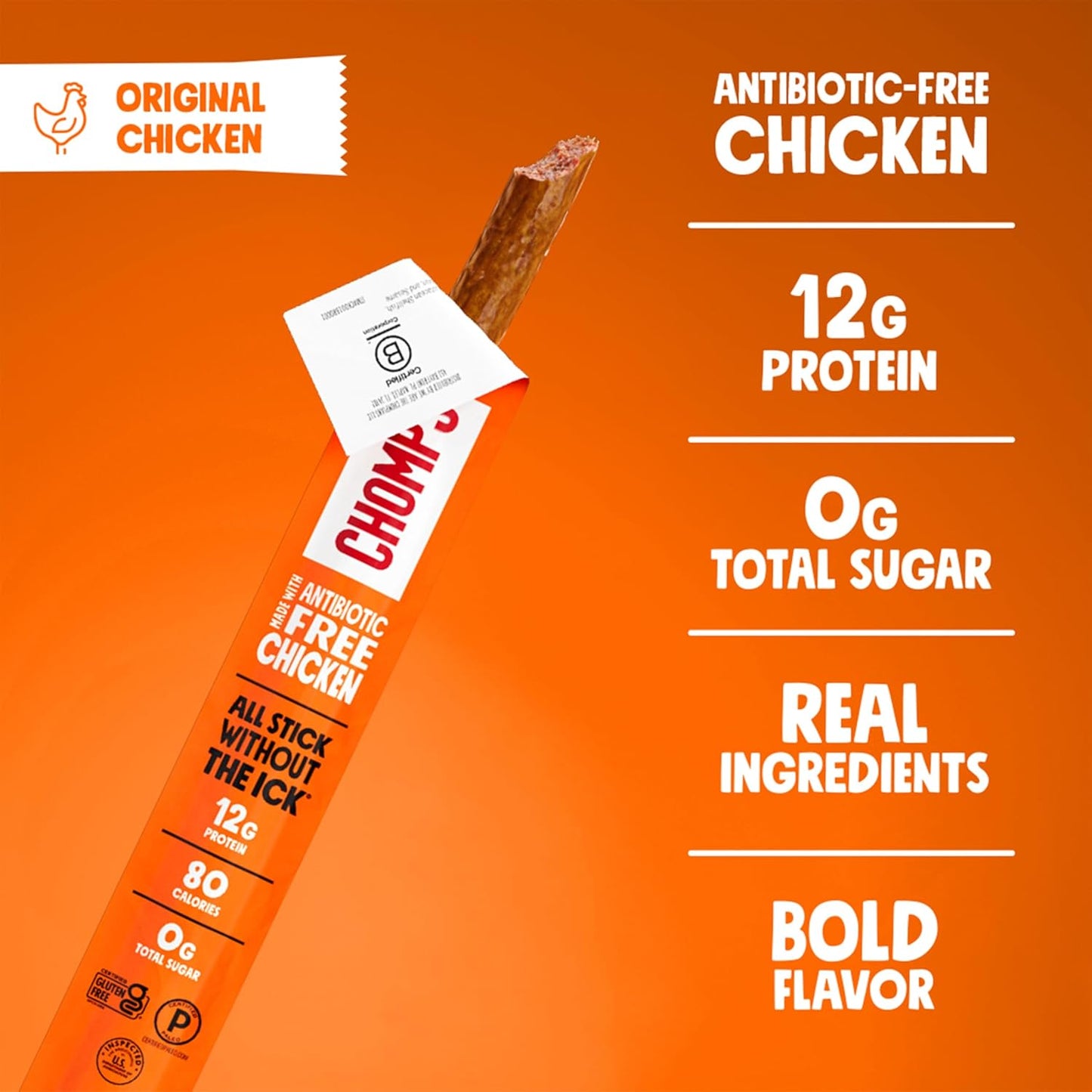 Chomps Original Chicken Jerky Meat Snack Sticks 24-Pack - Keto, Paleo, Low Carb, Whole30 Approved, 12G Lean Meat Protein, Gluten Free, Antibiotic Free, Zero Sugar Food