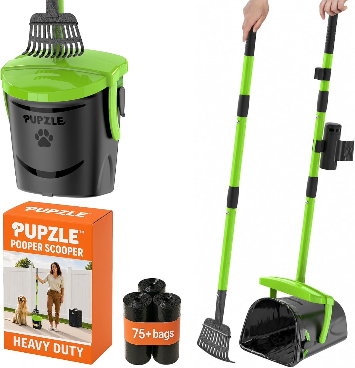 Pupzle Dog Pooper Scooper with Bag Attachment, 40" Long Handle Dog Scooper