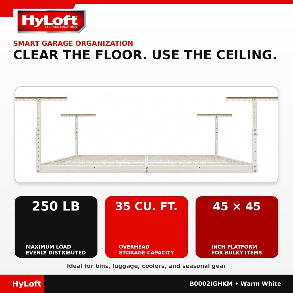 Hyloft Overhead Adjustable Garage Storage Rack,Heavy Duty Steel Garage Storage System, 45-Inch X 45-Inch, White
