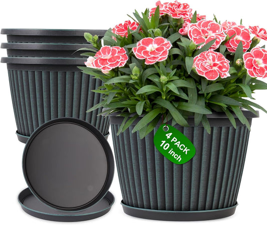 Myfeegoin Planter-Pots-For-Plants-Indoor-Outdoor, 4 Pack 10 Inch Plastic Flower Pots with Saucer & Drainage Holes, Modern Garden Planters for Planting Medium Large Plants，Decorative Resin Garden Pots