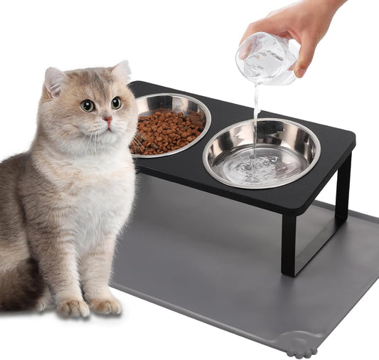 Summark Upgraded Elevated Cat Bowls with Food Mat,15°Tilted Stand anti Vomiting Raised Cat Dishes for Food and Water,2 Stainless Steel Bowls for Cats and Puppy（Black）