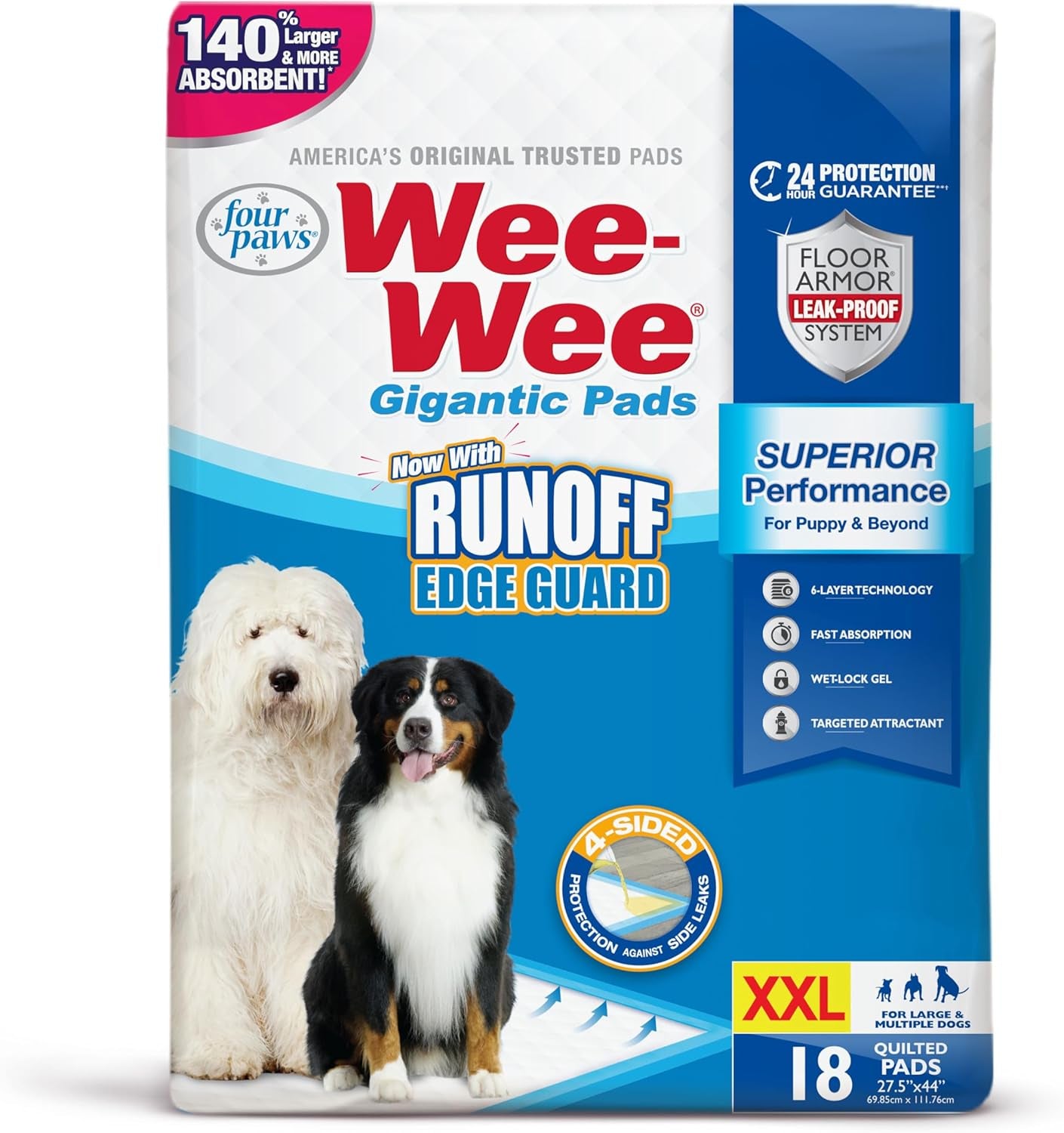 Four Paws Wee-Wee Superior Performance Pee Pads for Dogs with Runoff Barrier Edge Guard Protection, Puppy & Dog Potty Training Pads, Housebreaking Supplies, 27.5" X 44" (18 Count)