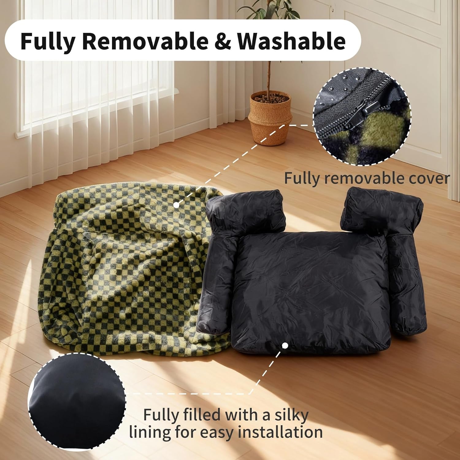 Faux Fur Cat & Dog Sofa Cat Couch Mini Cat Bed Indoor Human Style Pet Sofa, Modern Pet Furniture for Cats, Washable ＆ Removable Cover, for Cats and Small Medium Dogs (Black/Green, Medium(24X19 Inch))