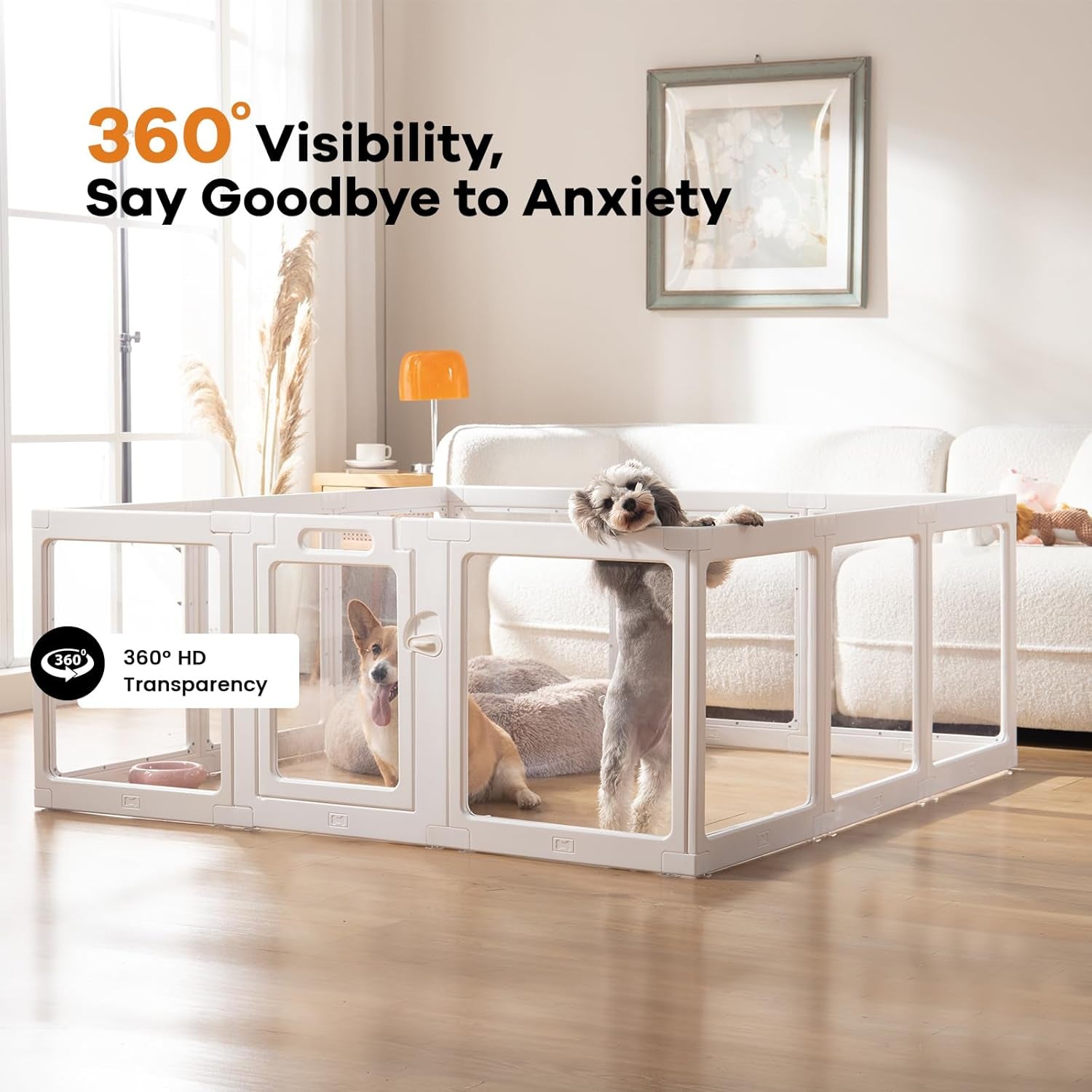 Clear Acrylic Dog Playpen Indoor, Puppy Cat Small Pet Play Pen, Pet Cat Playpen for Rabbits, Dog Fence Crate Kennel Whelping Cage (24", White, 10 Panels)