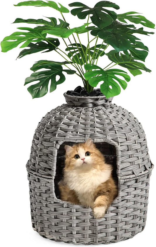 Cat Litter Box Plant Enclosure, Hidden PE Rattan Litter Box, Gray