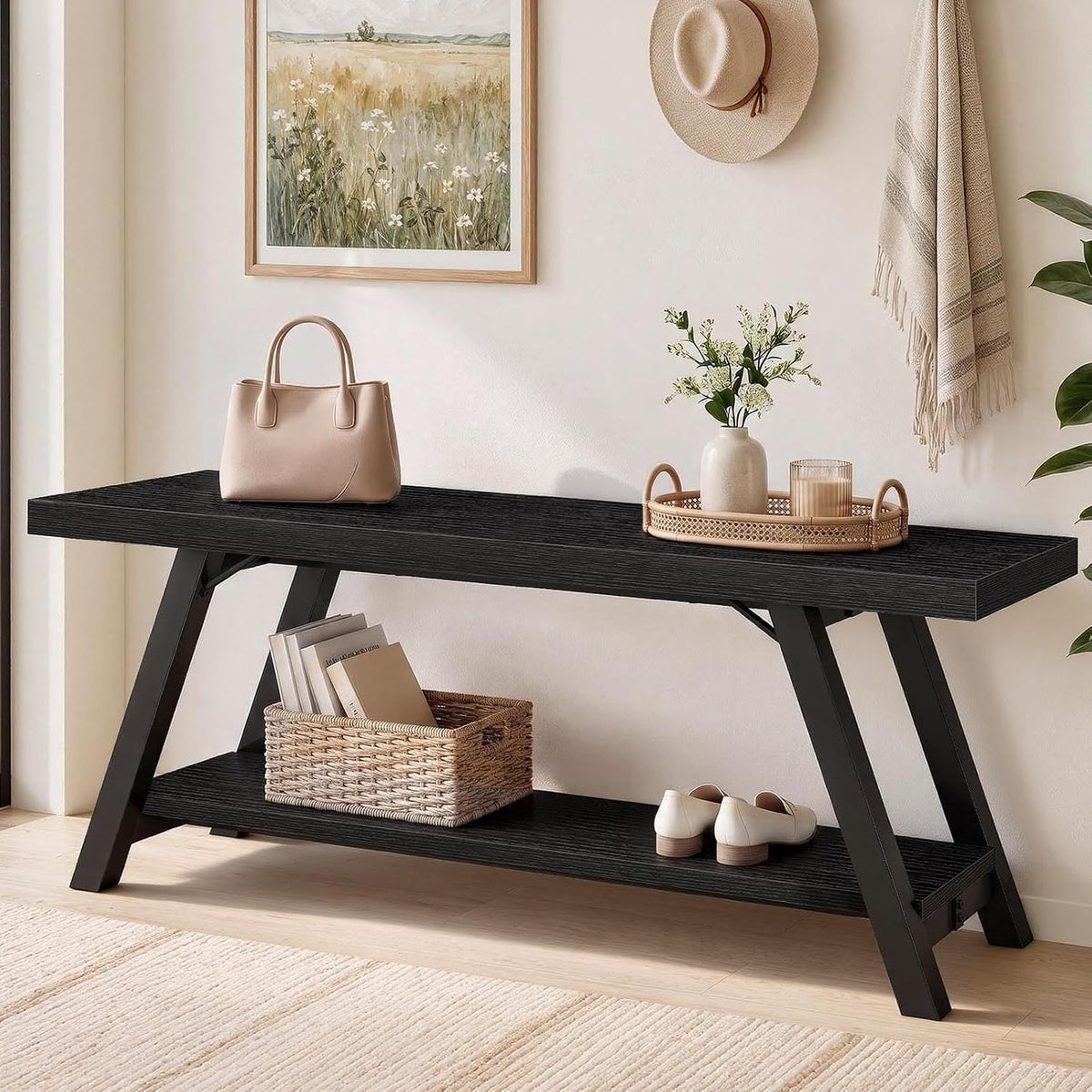 LVB Black Entryway Bench with Storage, Wood Bench for Entryway, 47 In