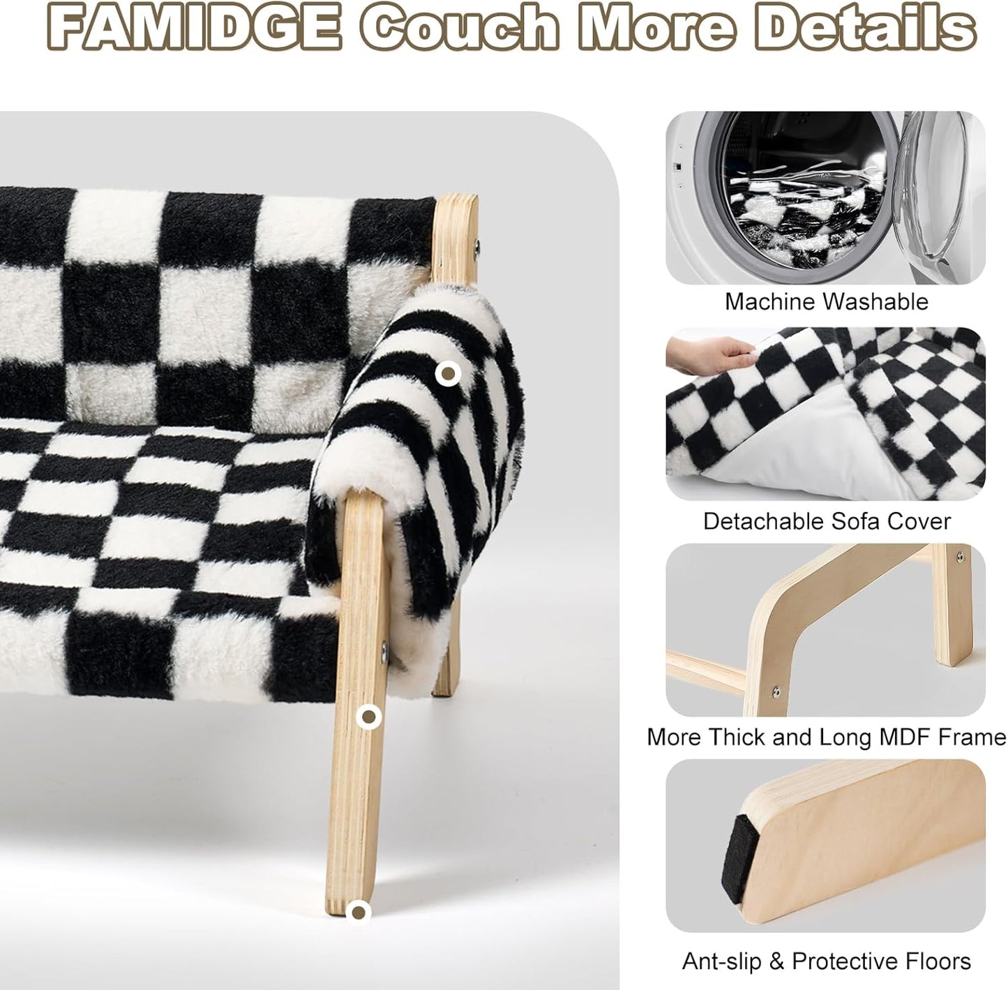 FAMIDGE Elevated Cat Couch Bed for Indoor Cats - Wooden Pet Sofa with Removable Washable Thick Cover Raised Kitty Lounge Chair Suitable for Puppy or Small Animals(Cat Sofa Chessboard)