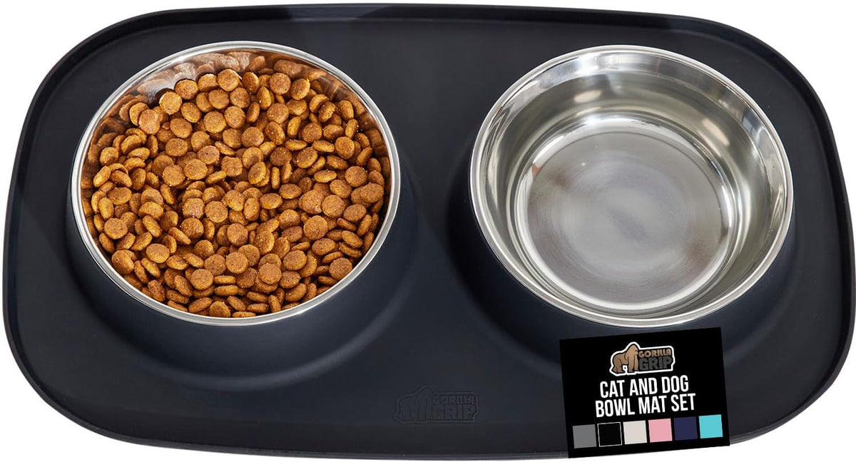 GORILLA GRIP Dog Bowl Set with Feeding Mat, 304 Stainless Steel 2 Cup Black