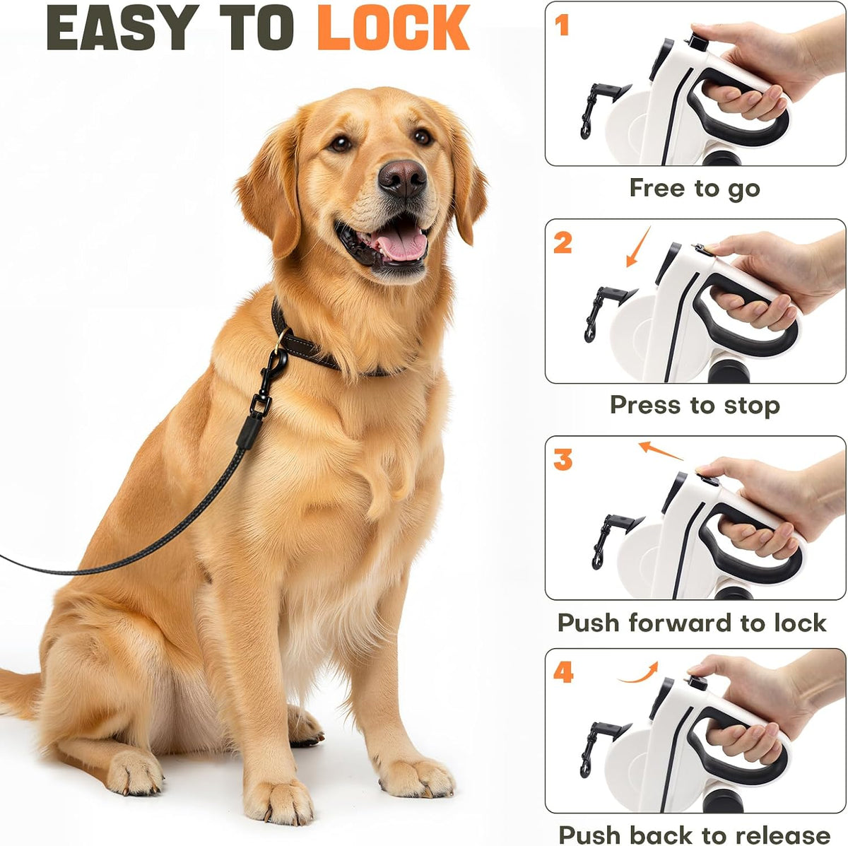 Retractable Dog Leash with LED Light & Reflective Tape for Night Walk, 16Ft Dog Leash with Poop Bag Dispenser, Chew-Proof Steel Cable, One-Button Brake & Lock for Medium Dogs up to 66 Lbs (BLK&WHT)