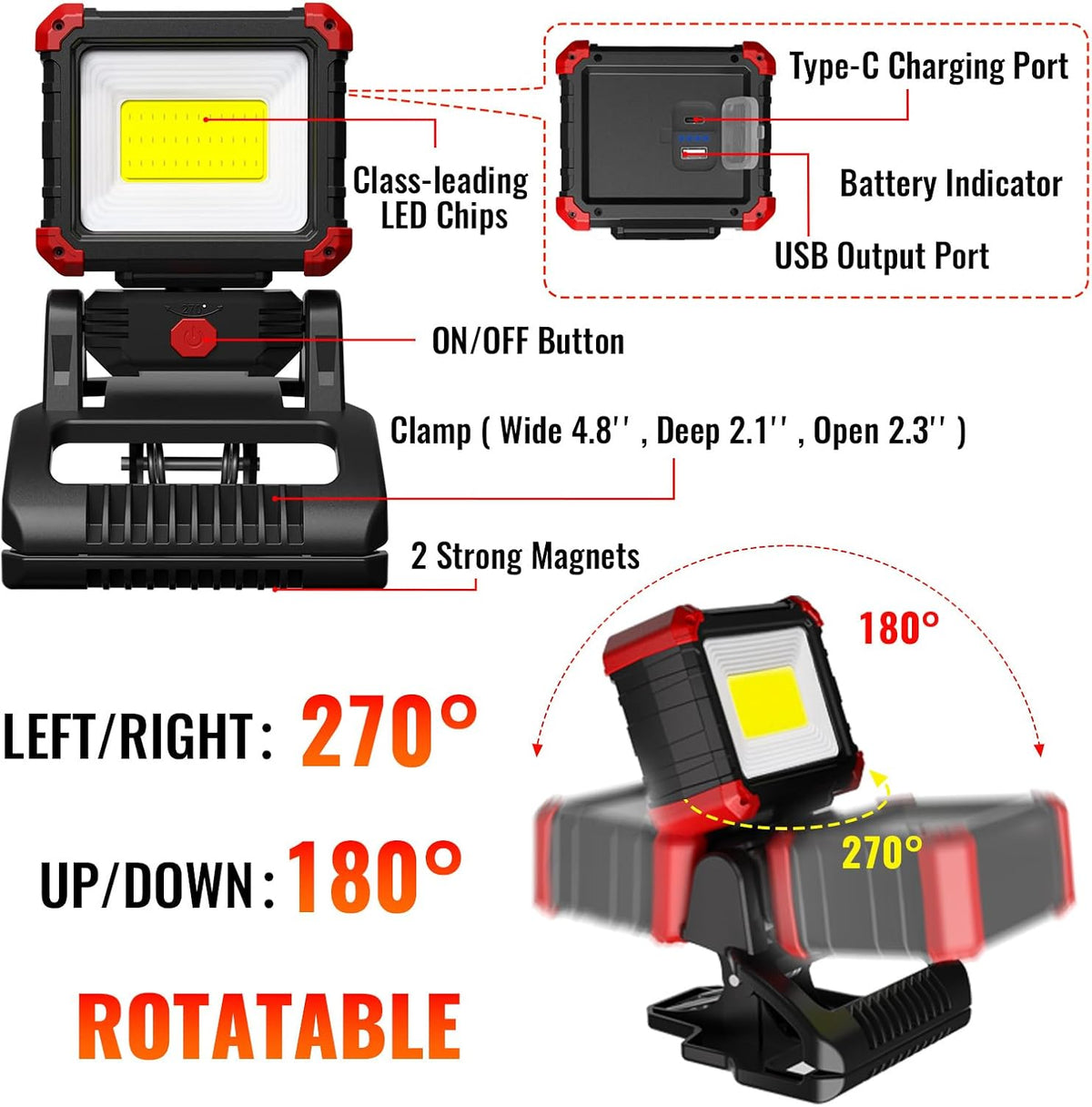 Easymaxx Rechargeable Clip Light 2 Pack, 2100LM LED Clamp Work Light