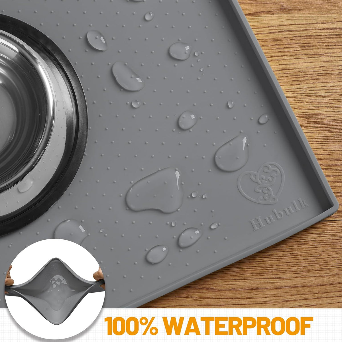 Hubulk Dog Feeding Mat,100% Waterproof BPA Free Silicone Pet Food and Water Bowl Placemat,Dishwasher, High Raised Edge to Prevent Spills,Nonslip Tray to Stop Messes on Floor (19"X12"X0.5", Grey)
