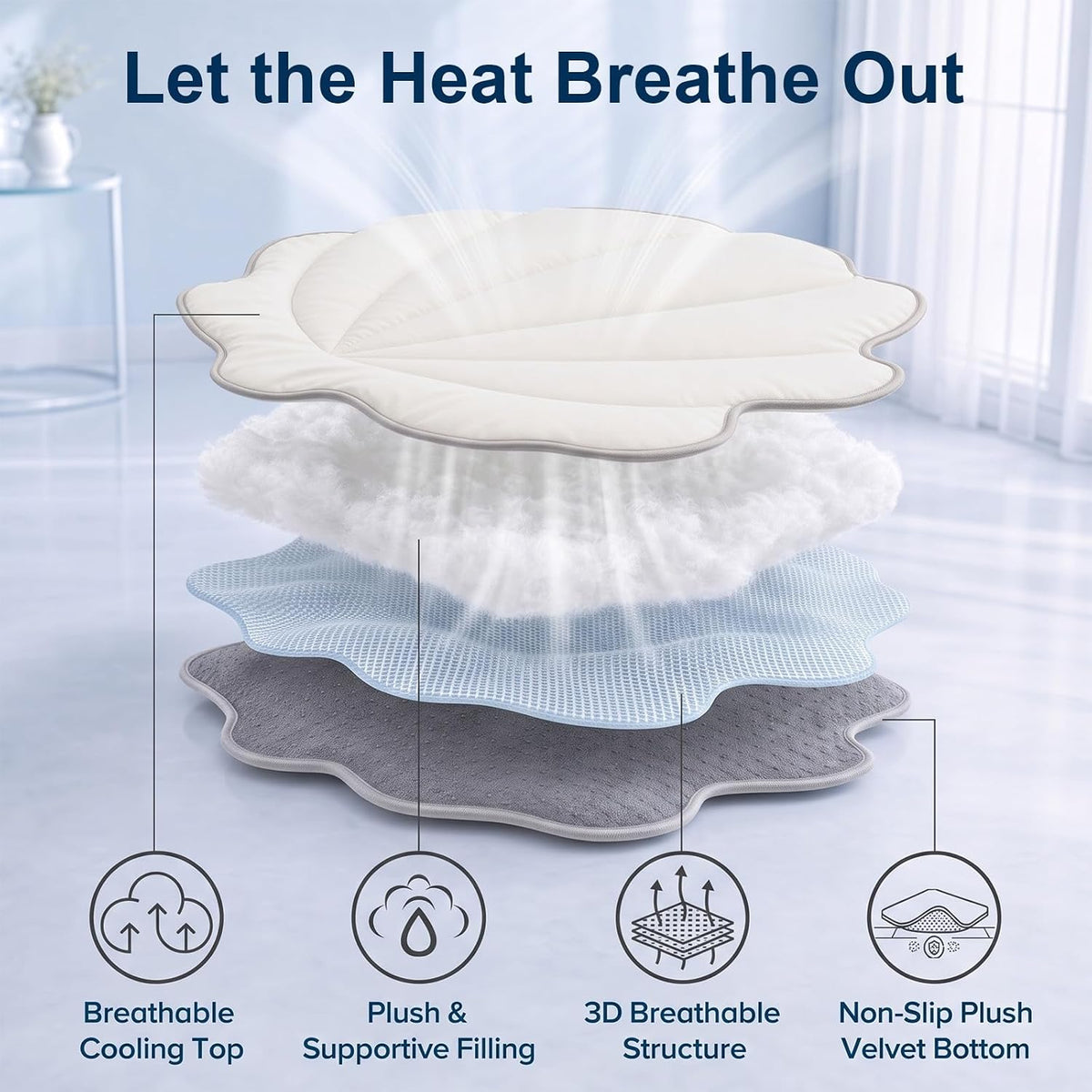 Shell Shaped Pet Cooling Mat, Milky White 30" X 34" Washable Foldable Breathable Dog Pad for Indoor Outdoor Crate Travel