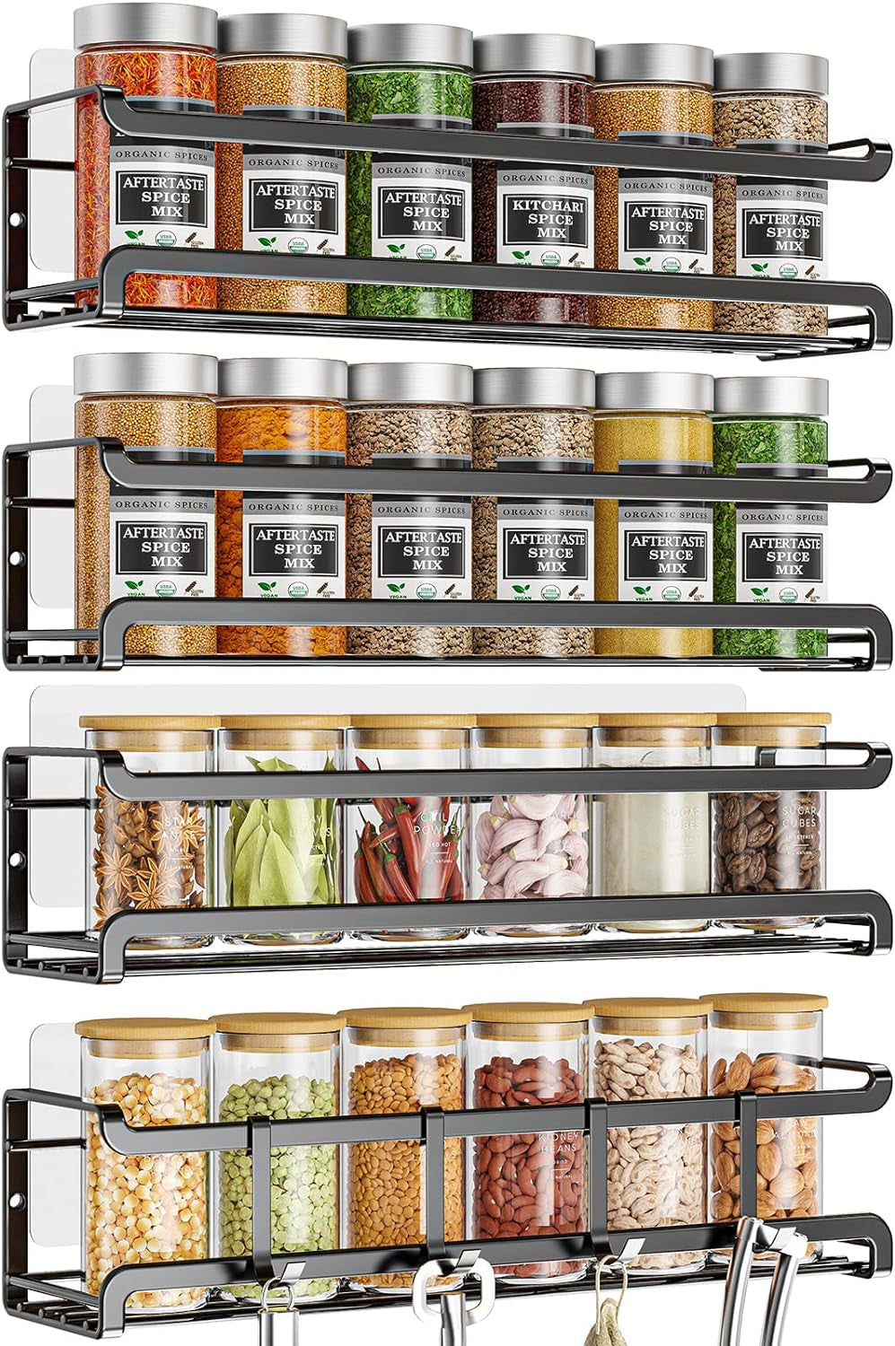 Bunoxea Spice Rack Wall Mounted 4 Pack, for Spice Jars & Seasonings,Black
