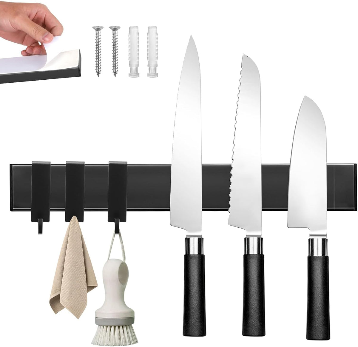 Knife Magnetic Strip with 3 Hooks, 14" Magnetic Knife Holder for Wall Mount Fridge Refrigerator, No Drill Knife Magnet Tool Holder Bar Adhesive Backing, Kitchen Organizer Knives Block RV Accessories