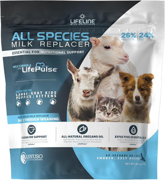 ANNUSO LIFELINE All Species Milk Replacer 26:24, 4Lb Bag - Milk Formula with Lifepulse - for Kittens, Puppies, Goat Kids, Lambs - Immune, Digestive, Respiratory Support - Easy-Mix Powder