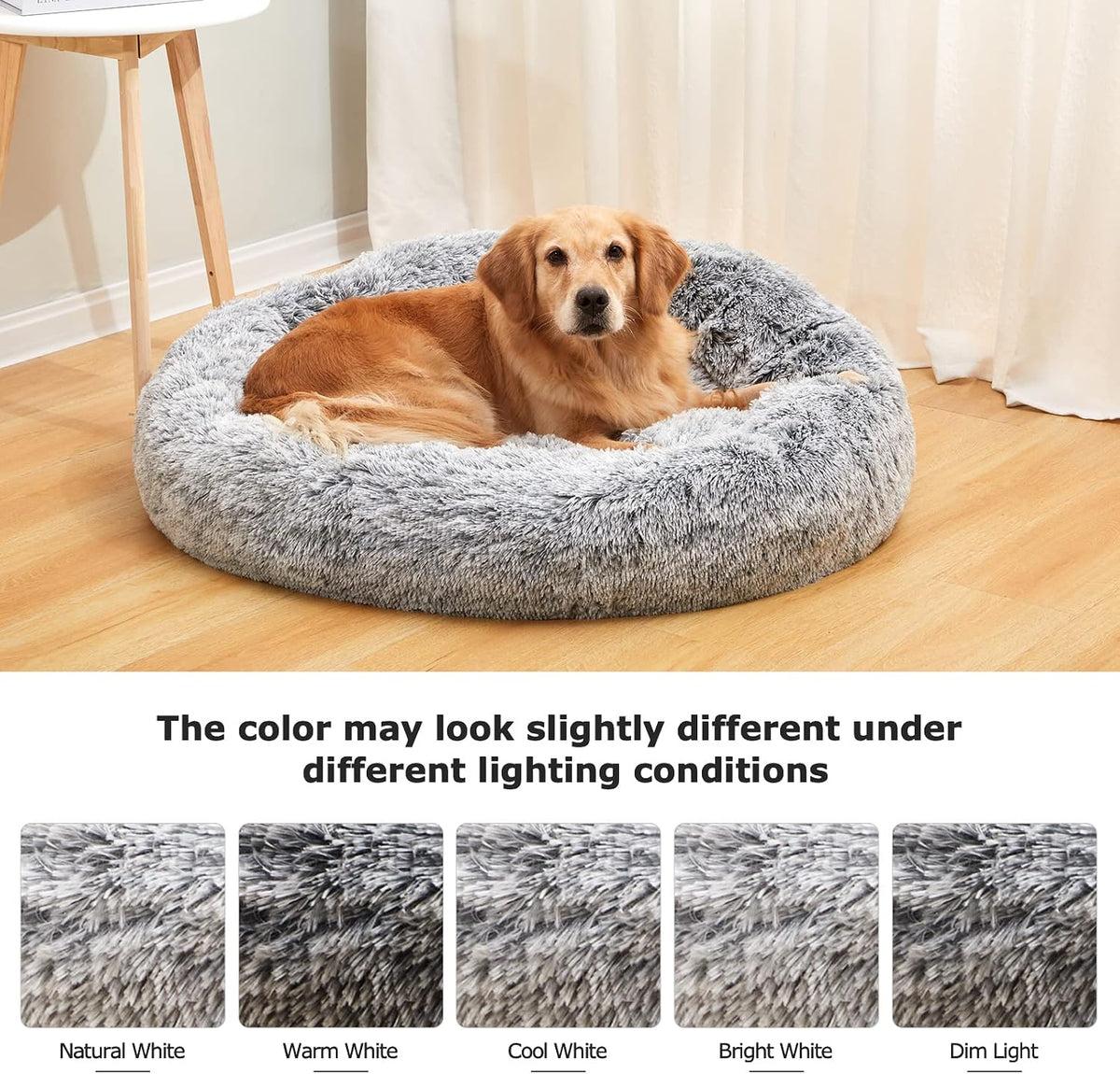 Bedfolks Calming Fluffy Donut Dog Bed for Large Dogs,Dark Grey, 36" Round