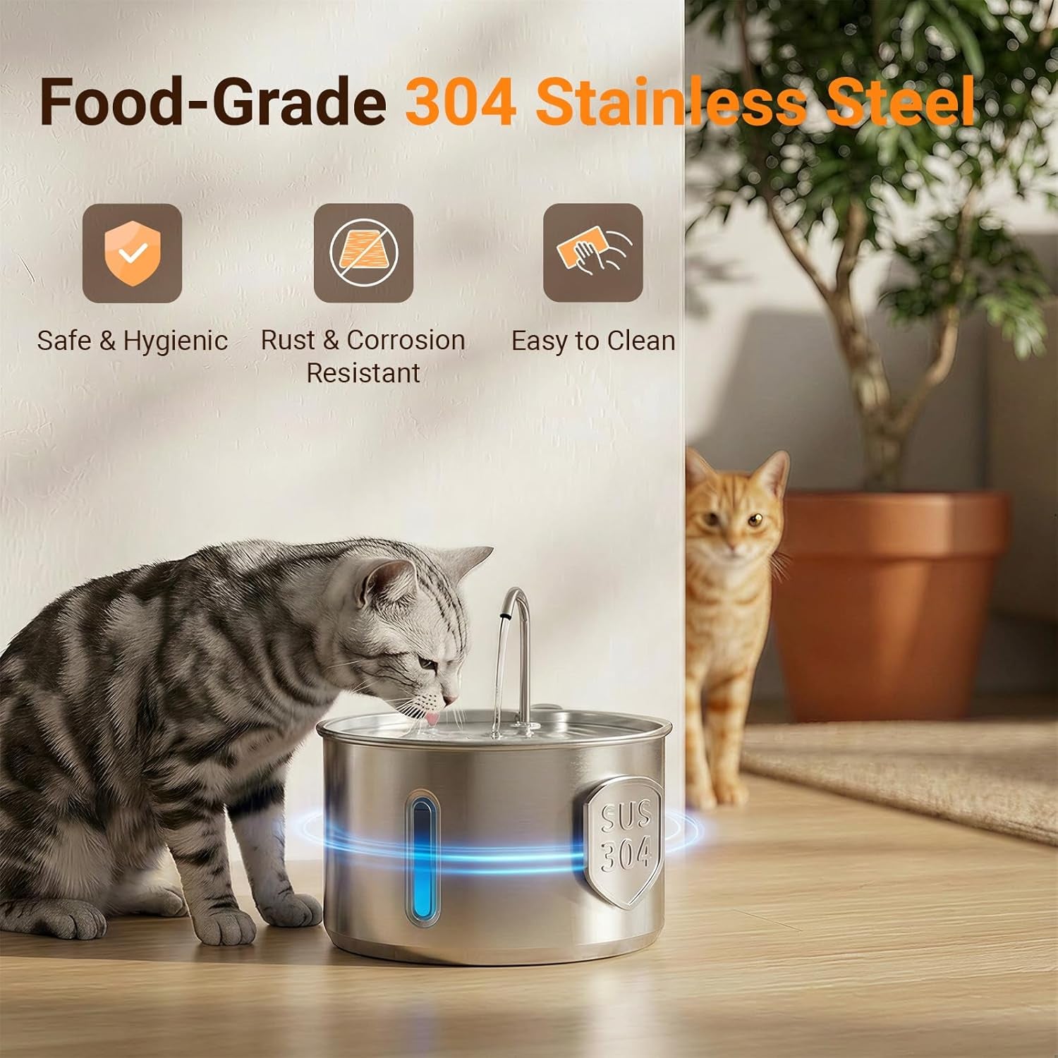 Stainless Steel Cat Water Fountain, 4L/135Oz Large Capacity Automatic Pet Water Fountain for Cats & Small Dogs, Quiet USB Powered Pet Water Dispenser with 4 Filters & 4 Sponges