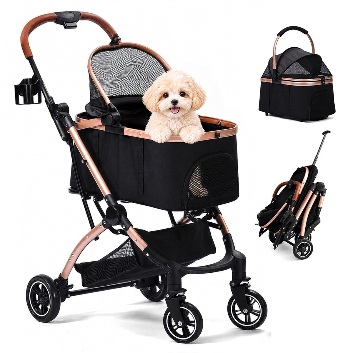 Dog Strollers for Small Dogs and Cats, 3-In-1 Pet Stroller with Removable Carrier, 4 Wheels One-Hand Fold Travel Carriage with Storage, Cup Holder and Car Seat, Black