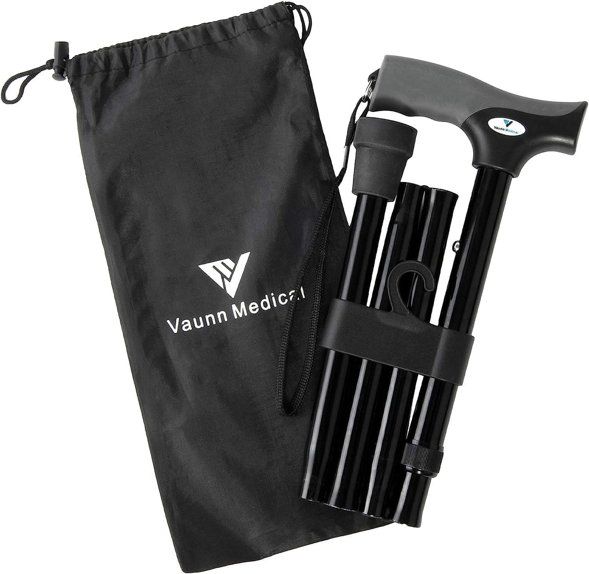 Vaunn Medical Height Adjustable Folding Cane/Walking Stick with Strap/Pouch- Compact, Portable, and Safe Walking Assistant- Non-Slip Handle- Men, Women, Elderly