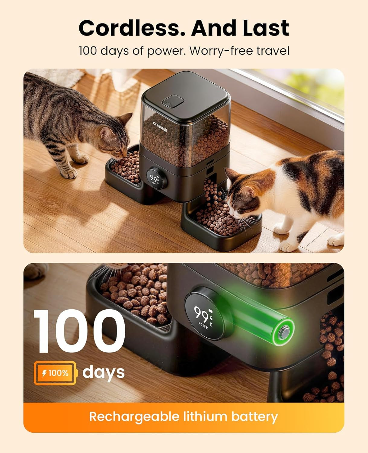 Oneisall Cordless 2.4Ghz Wifi Automatic Cat Feeder for 2 Cats, Rechargeable 100-Day Battery Operated Auto Cat Feeder, 20 Cups/5L Timed Cats Food Dispenser Automatic for Large Kibble, Smart App Control