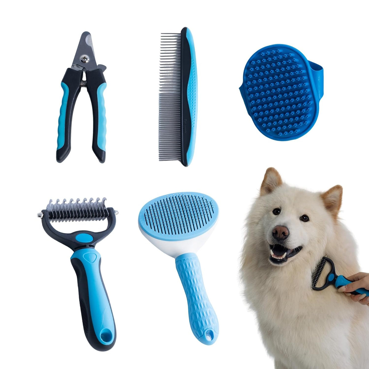 Pet Grooming Kit, 5 Pcs Deshedding Brushes Set, Self Cleaning Slicker Brush, Dematting Rake, Nail Clipper, Double Sided Comb & Bath Brush for Dogs and Cats