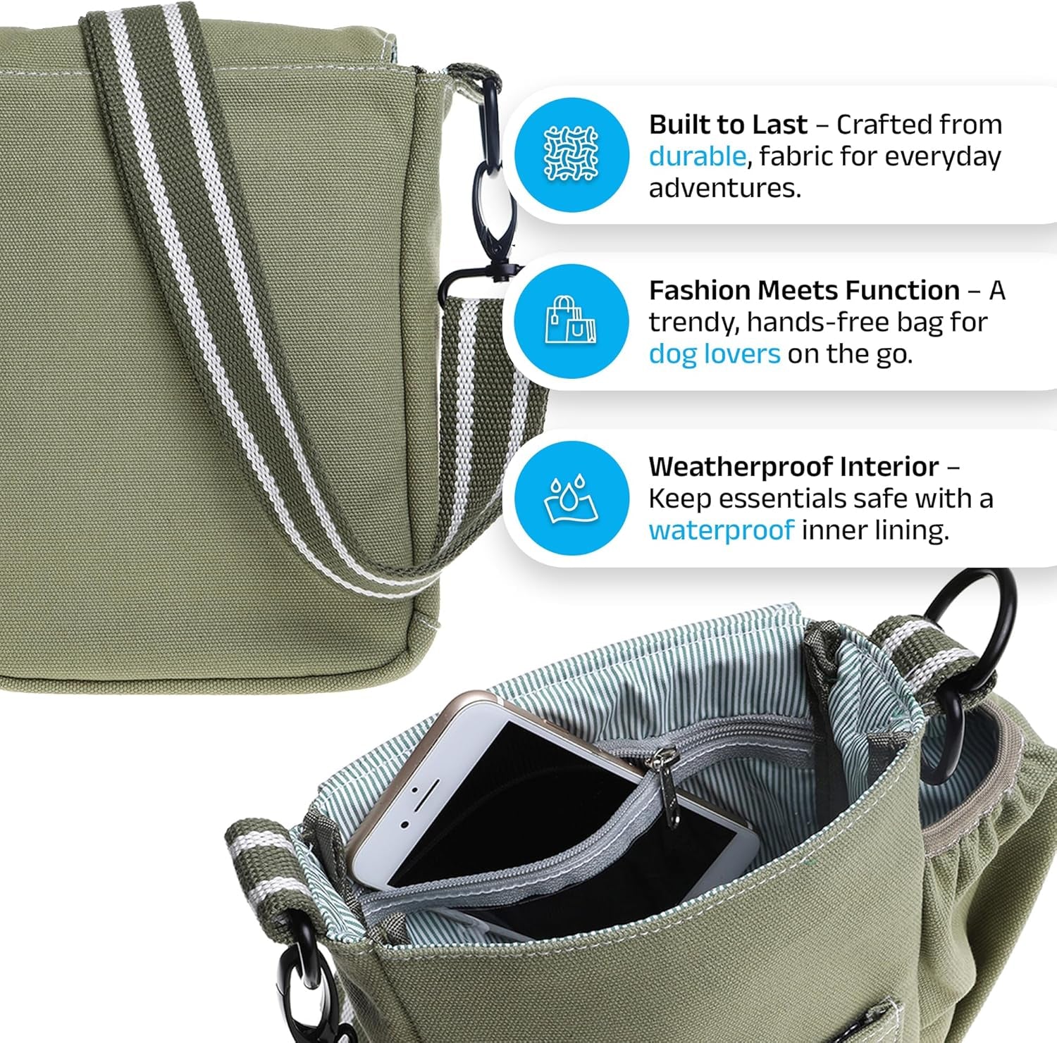 DOOG Walkie Bag - Adjustable Dog Treat Pouch Shoulder Bag with Poo Bag & Water Bottle Compartments - Comfort Fit for Everyday Use - Green