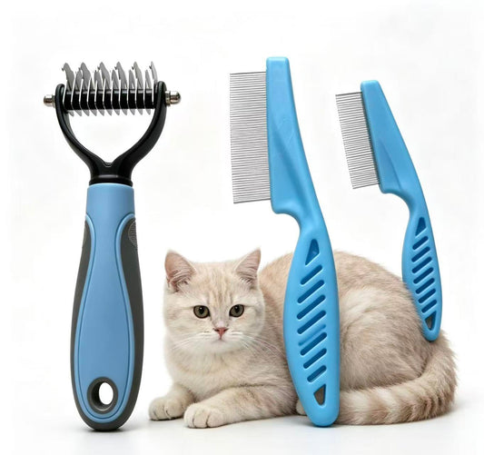 Pet Dematting Comb Kit, 1Pc Double Sided Undercoat Rake for Mats & Tangles + 2Pcs Metal Pet Comb, Grooming Brush Set for Long Silky Haired Dogs and Cats, Small Size