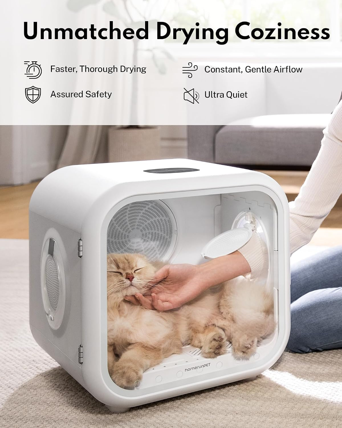 Homerunpet Cat Dryer, Ultra Quiet, Patented Fresh Air Ventilation, Smart Temperature Control, Safe 360° Even Drying Pet Dryer Box for Cats & Small Dogs (50L Drybo Plus)
