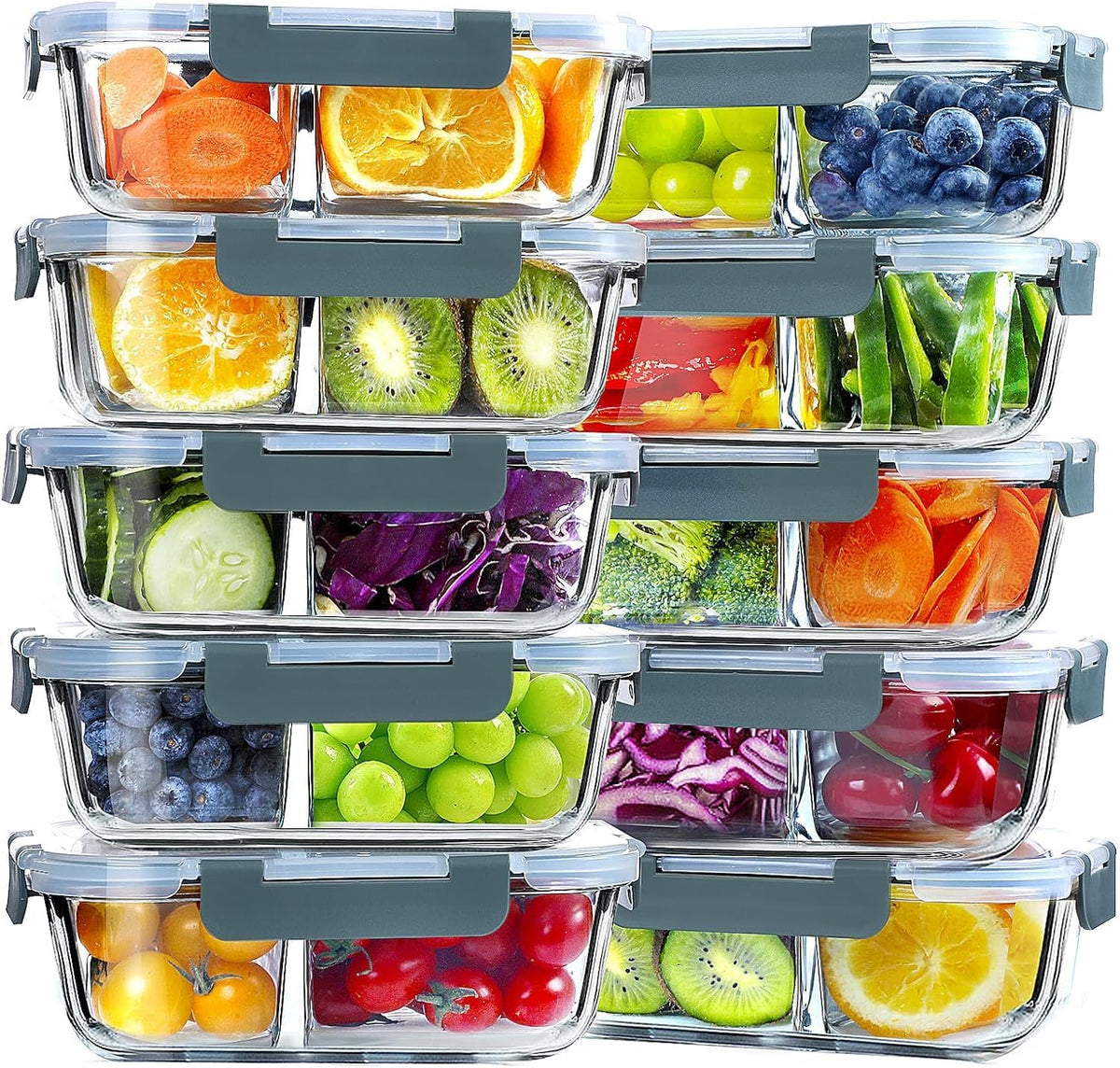 VERONES 10 PACK 30 OZ Glass Meal Prep Containers 2 Compartment Set, Grey