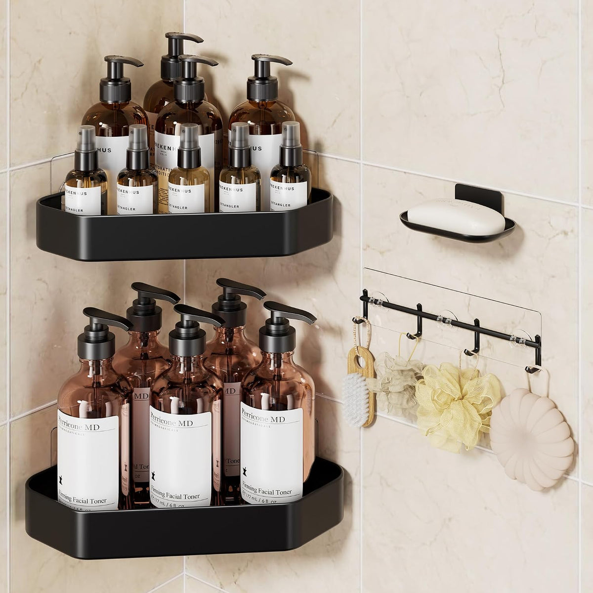 Veken Aluminum Corner Shower Caddy 4-Pack, No Drilling Shelves, Black