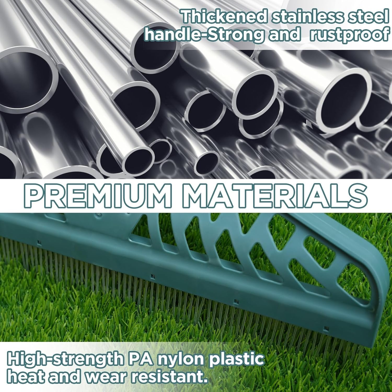 YEELOR Artificial Turf Rake with Adjustable Steel Handle from 32 to 61 Inch, Durable Artificial Grass Rake, Turf Brush for Cleaning Pet Hair, Large Fallen Leaves and Dead Grass from Artificial Turf