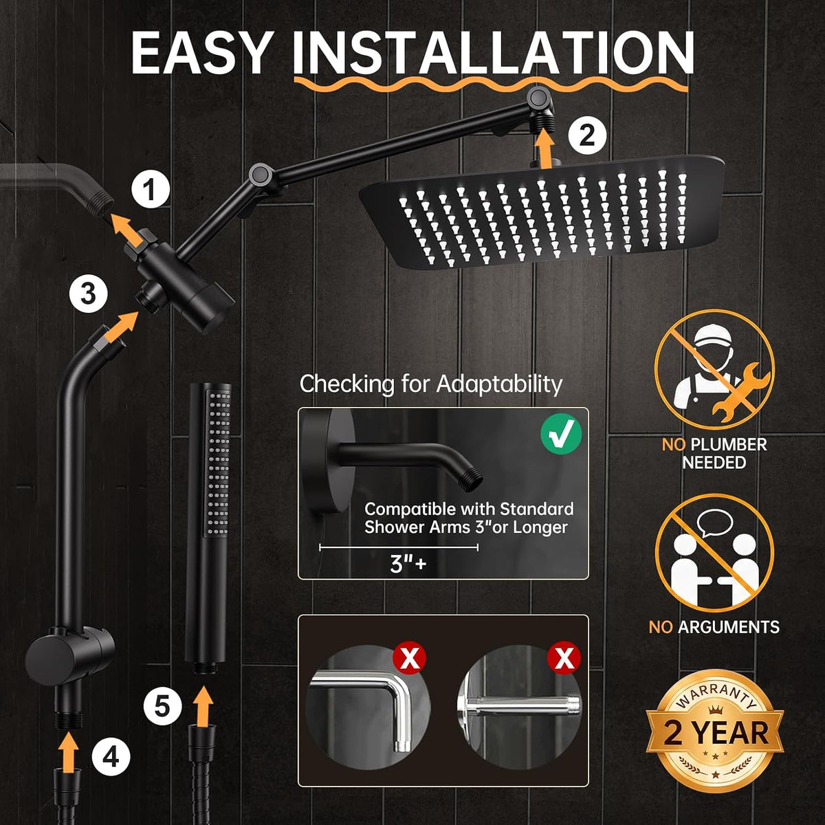 Veken All Metal 10" Luxurious Rain Shower Head with Handheld Spray,Square