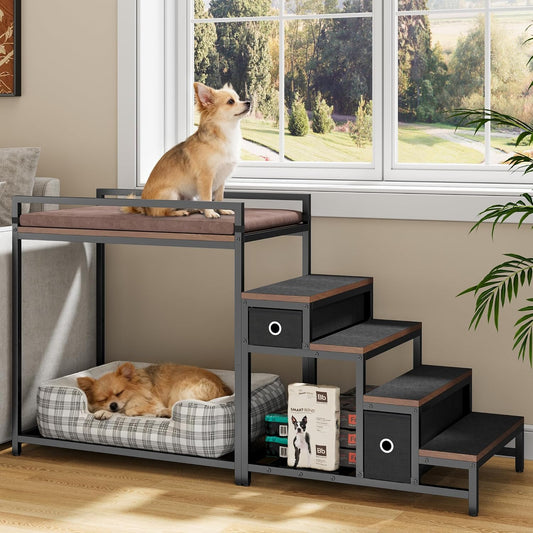 Kepptory Dog/Cat Window Perch with Stairs and Seat Cushion, Pet Bunk Bed with Storage Drawers, Bedside Dogs Cot for Small, Medium Cats & Dogs, Pet Stairs Ramp(Brown)