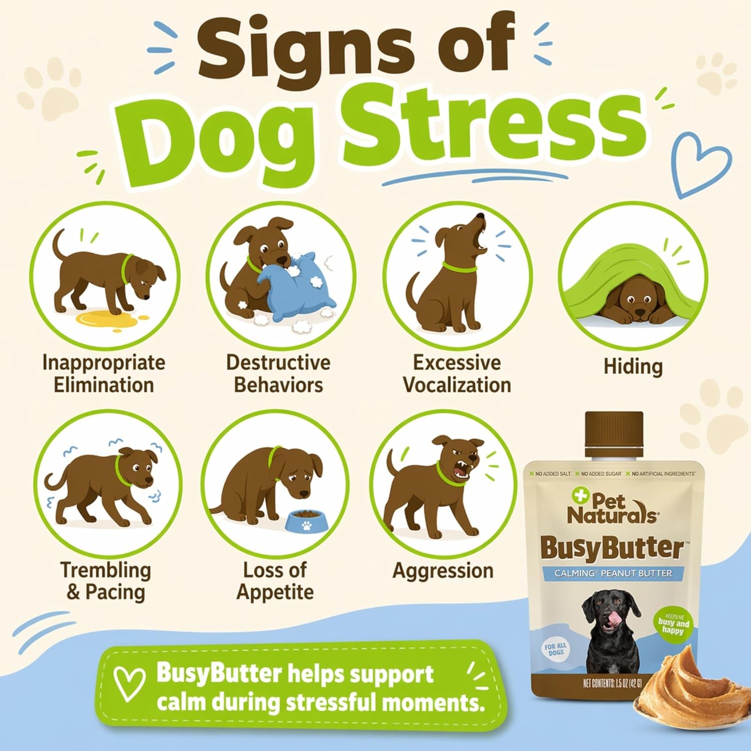 Pet Naturals Busybutter Easy Squeeze Calming Peanut Butter for Dogs, 6 Pouches - Great for Treats, Lick Mats, Training, Calming, and Occupier Toys, Busy Butter, 1.5Oz (Pack of 6)