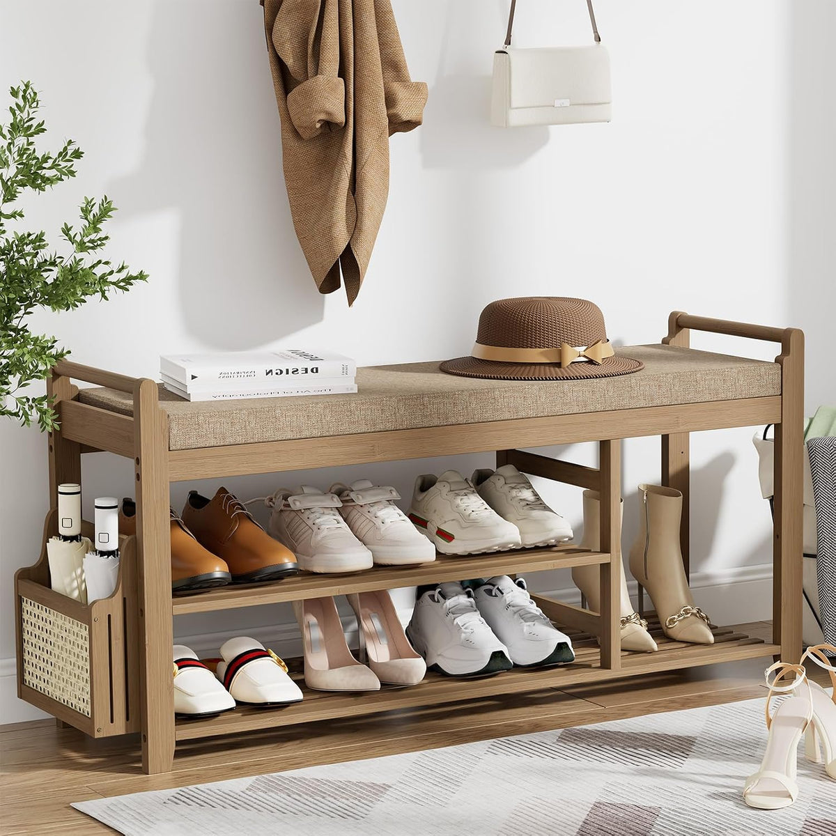 Homaxy 2-Tier Shoe Rack Bench, 39.4 In, Walnut and Light Brown