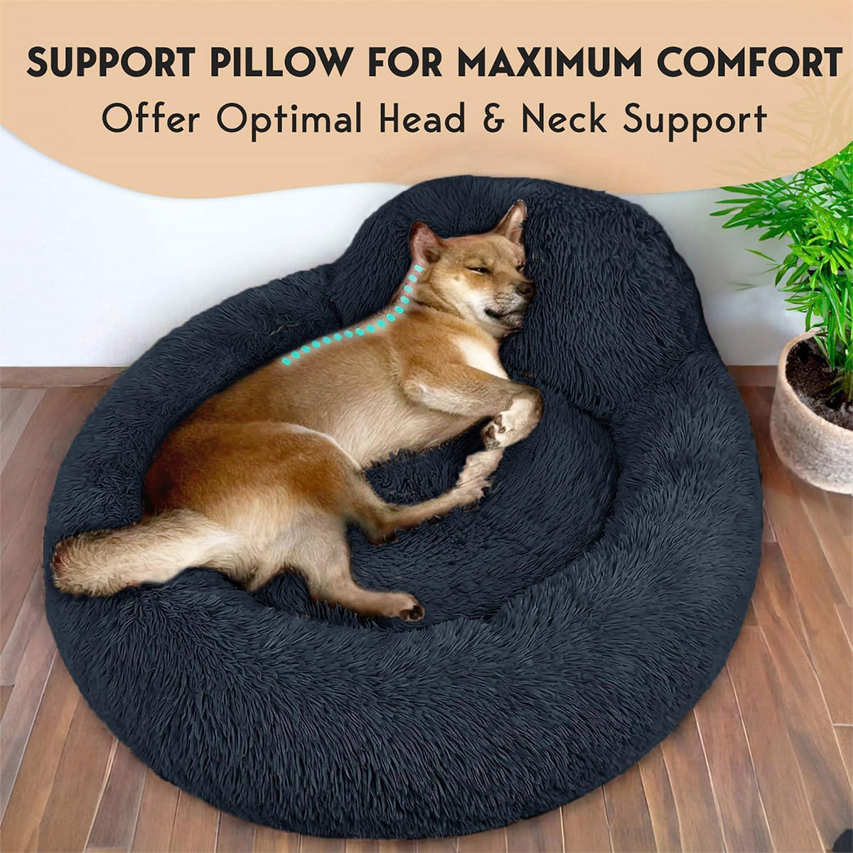 Petjett Calming Dog Bed Medium Size Dog - 30'' Donut Bed, Washable Dog Bed - Anti-Slip & Super Soft Fluffy Plush round Dog Bed, Anti-Anxiety Premium Comfort Pet Bed, Fits Dogs Upto 45 Lbs - Dark Grey