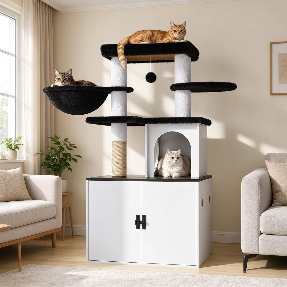Cat Tree with Litter Box Enclosure, Hidden Litter Box Furniture, Litter Box Enclosure with Cat Tree with with Sisal Scratching Post,Hammocks,Condo,Multiple Platform, Black White
