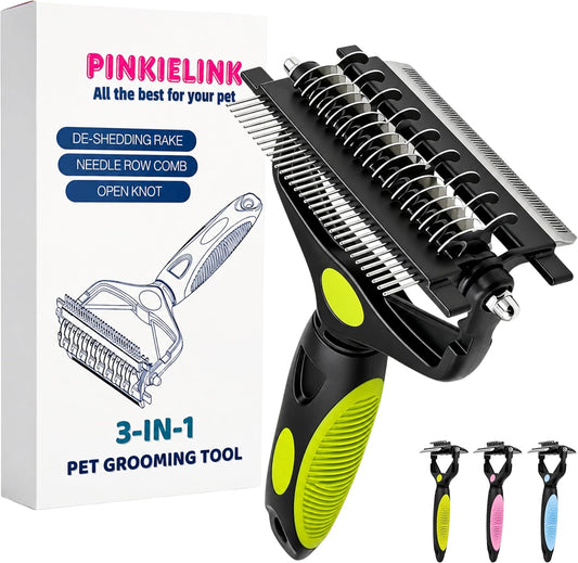 3-IN-1 Pet Grooming Tool - Undercoat Rake, Dematting Comb & Deshedding Brush for Cats, Dogs, Horses - Removes Mats, Tangles & Loose Fur, Reduces Shedding & Prevents Hair Mess (Green)