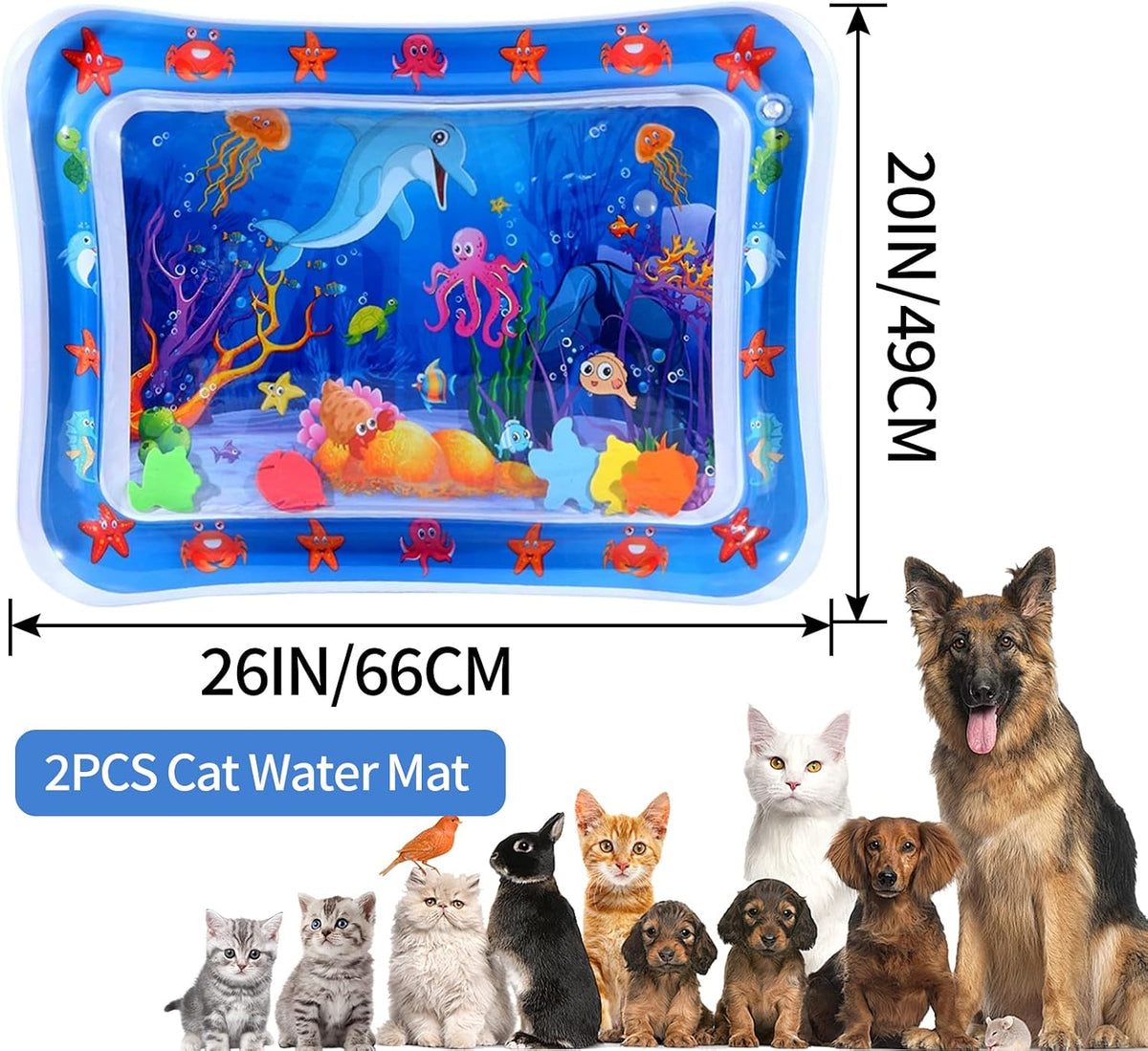 2 PCS Large Thickened Cat Water Sensory Play Mat, Anti-Scratch Leak Proof Cooling Pad with Floating Fish Toy, Cat Water Mat Interactive Hunting Exercise for Indoor Cats, Summer Pet Play Mat