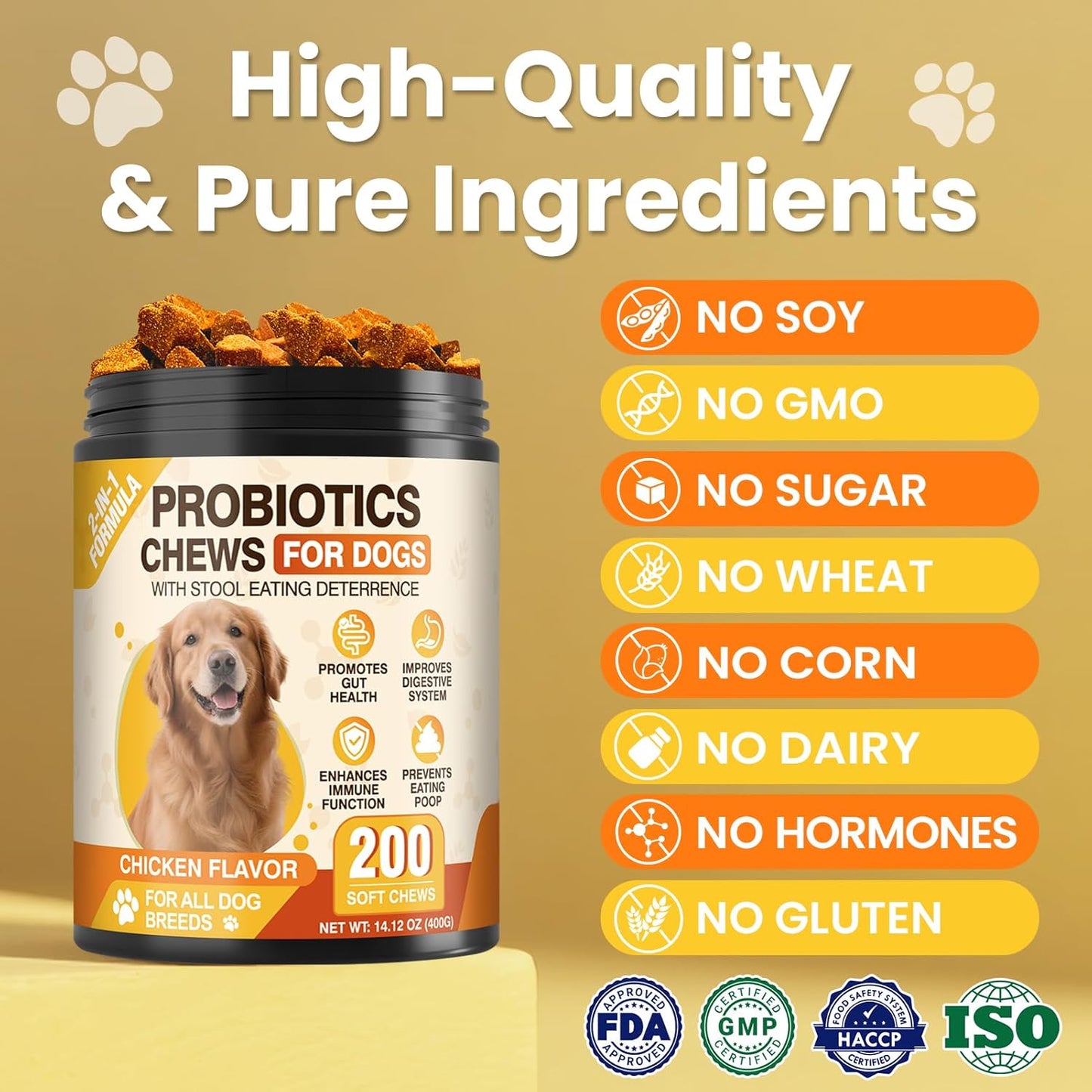200 Count Probiotic Chew for Dogs-Probiotics Chews for Gut Digestive Health & Itchy Skin Support Relieve Diarrhea Enhance Immunity Breath Freshener with Enzymes Prebiotic Pumpkin-Chicken