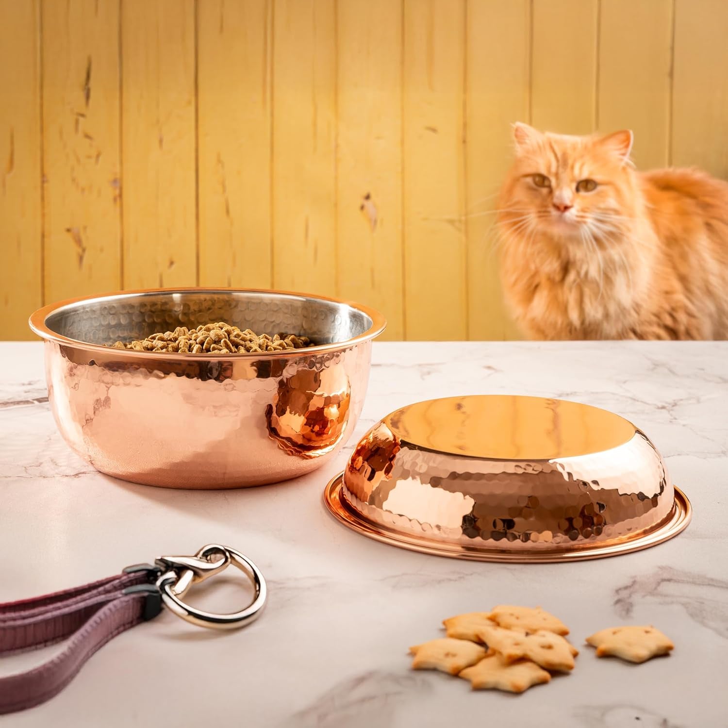 Hammered Copper Pet Bowl with Tin Lining, Small and Large Sizes, Luxury Style Premium Dog and Cat Dishes (Large)