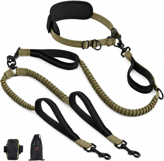 Hands Free Double Dog Leash, 4 Reflective Padded Handles, Adjustable Waist Belt 27-51", Shock-Absorbing Bungee, 360° Swivel Clips, for Small, Medium & Large Dogs, Walking Jogging Running