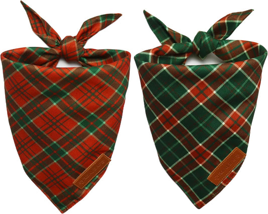 Christmas Dog Bandanas 2 Packs, Reversible Red Green Plaid Dog Scarf, Xmas Pet Bandana for Boy and Girl, Premium Durable Fabric, Holiday Check Bandana for Medium and Large Dogs Pets (Large)