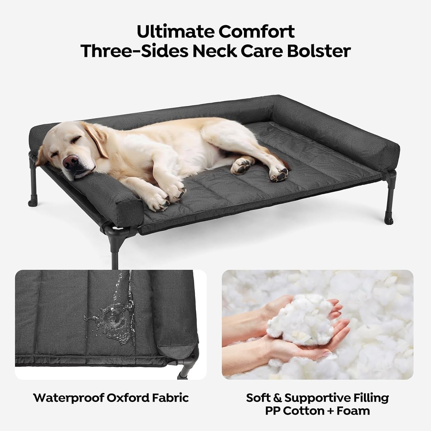 Veehoo Cooling Elevated Dog Bed Add Removable Waterproof Bolster Cushion Mat, Raised Pet Cot with Breathable Teslin Mesh, No-Slip Feet, Dog Couch Bed for Indoor Outdoor, 42X30Inches, Black, CWC2331B