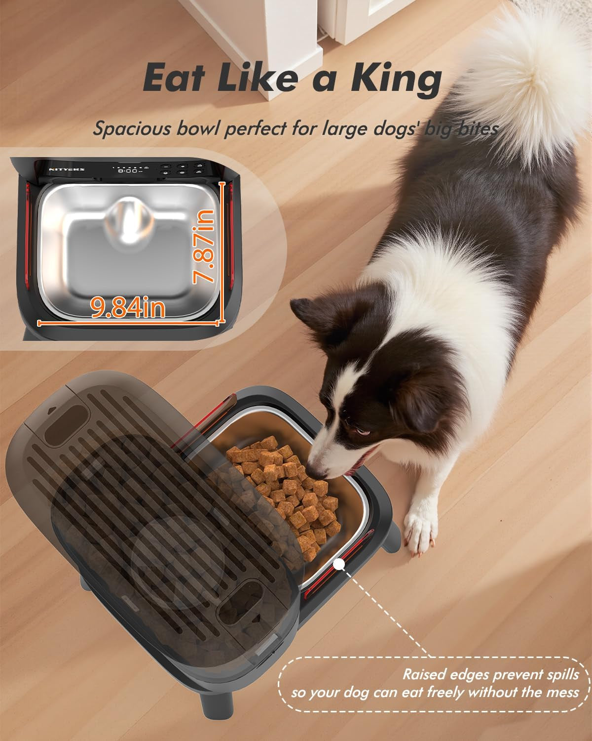 Automatic Dog Feeder for Large Breed - 15L/ 63 Cups Anti-Clog Dog Food Dispenser for 2-23Mm Kibble, Elevated Stand, Large Food Tray, Dual Power, up to 50 Portions 6 Meals per Day, Keeps Fresh