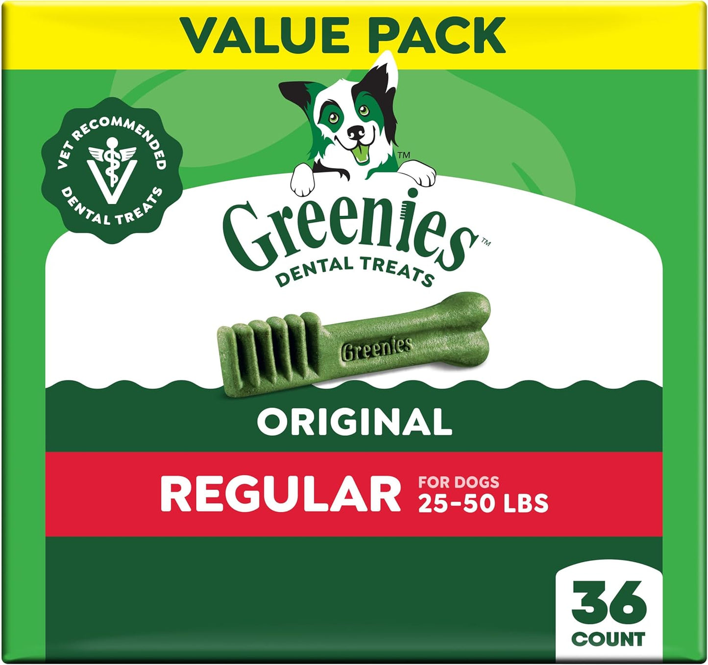Greenies Veterinarian-Recommended Adult Natural Dental Dog Treats Regular Size, Dog Dental Chews, Original Flavor, 36 Oz. Pack, 36 Count
