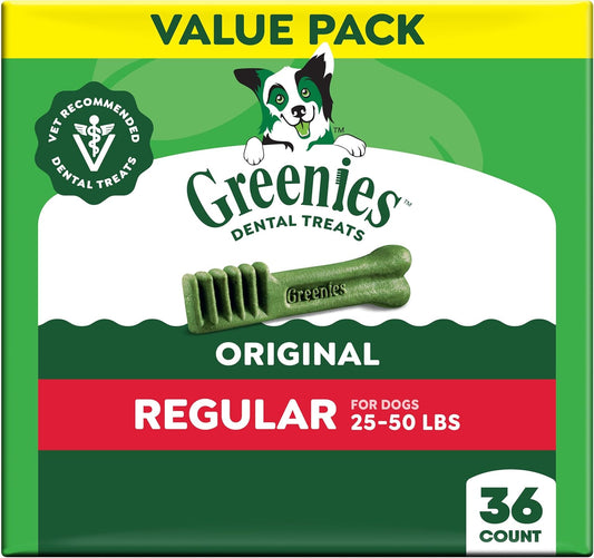 Greenies Veterinarian-Recommended Adult Natural Dental Dog Treats Regular Size, Dog Dental Chews, Original Flavor, 36 Oz. Pack, 36 Count
