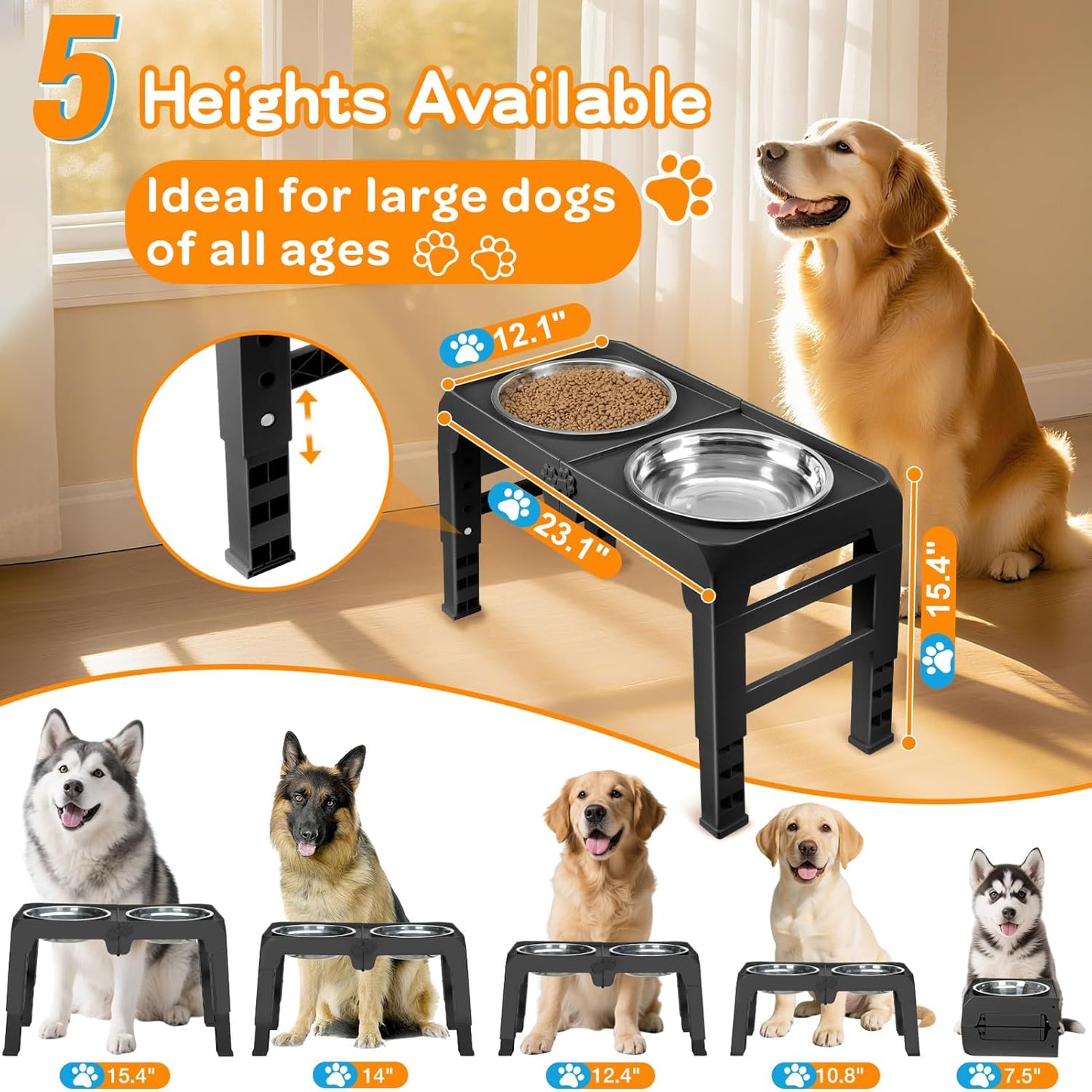 Elevated Dog Bowls for Large Dogs 5 Adjustable Heights 7.5"-15.4", 2 X-Large 10” Stainless Steel Bowls, Heavy Duty Raised Dog Bowl Stand Foldable Pet Feeder for Dogs Shoulder Height over 15”, Black