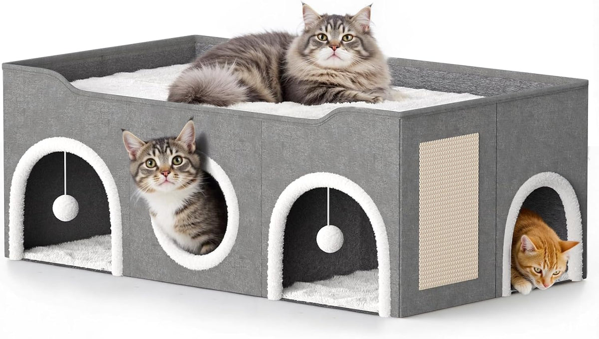 All-In-1 Extra Wide Cat House,Top Bed Three Rooms Cat Condos,Cat Beds for Indoor Cats,Multi Cats Puppy Family with Fluffy Ball Hanging and Scratch Pad, Foldable Hideaway